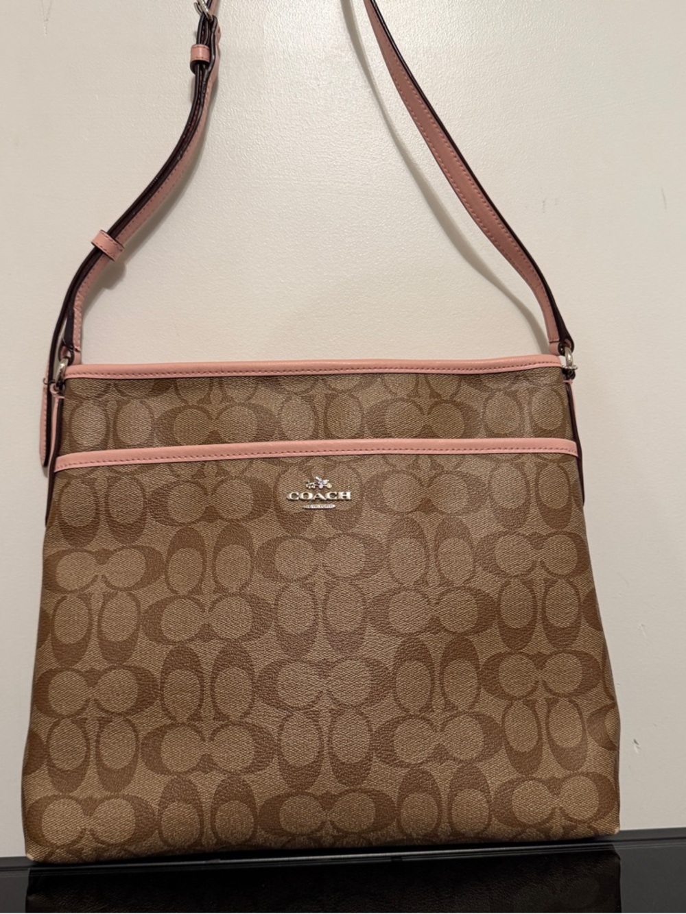Coach Brown Signature Canvas Crossbody with Pink Trim